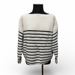 French Connection Women's Crop Oversize Knit Sweater M White Navy Blue Stripes